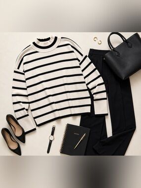 Rachel Zoe Oversized Striped Mock Neck Sweater Black Ivory Size L Luxe Chic